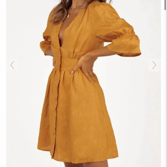 DISSH NOHA GOLDEN LINEN BUTTON MINI DRESS - Picture 4 of 4